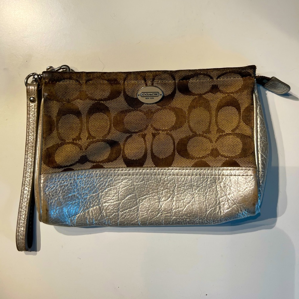 COACH Silver and Beige Logo Wristlet Wallet